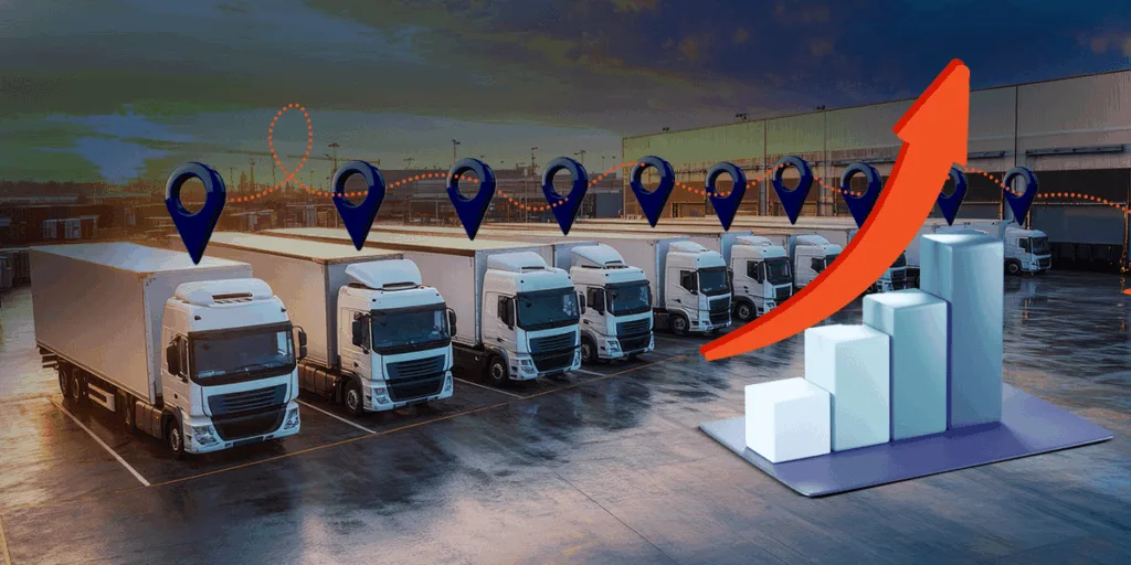 Flota de camiones con un gráfico para representar los beneficios de los GPS para flotas