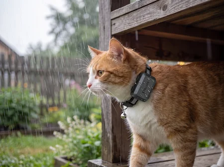 Gato naranja con collar y localizador GPS para gatos PET Finder 4G Mini
